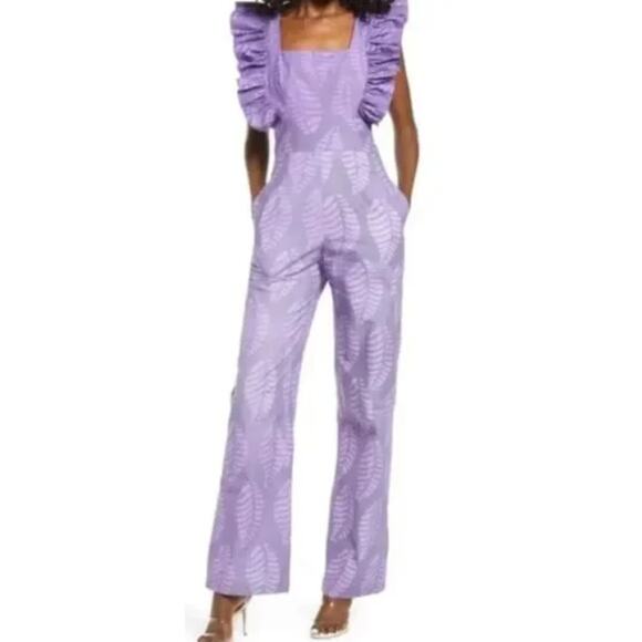 SIKA Tagoe leaf print light purple flutter sleeve long jumpsuit romper handmade - Picture 1 of 11